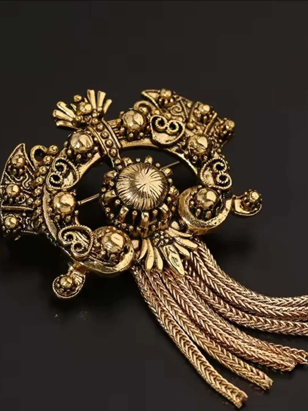 Ornate Gold Filigree Tassel Brooch Pin